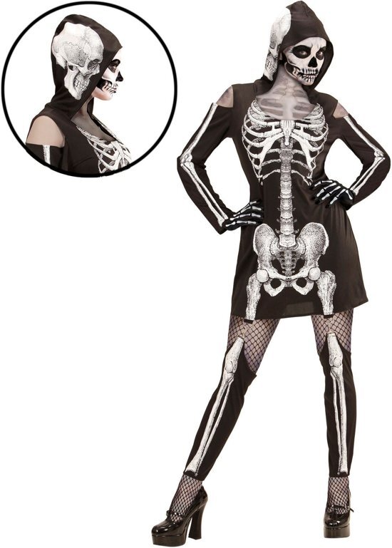 Widmann Spook & Skelet Kostuum Hoodie Jurk Skelet Meisje Vrouw XS Halloween Verkleedkleding