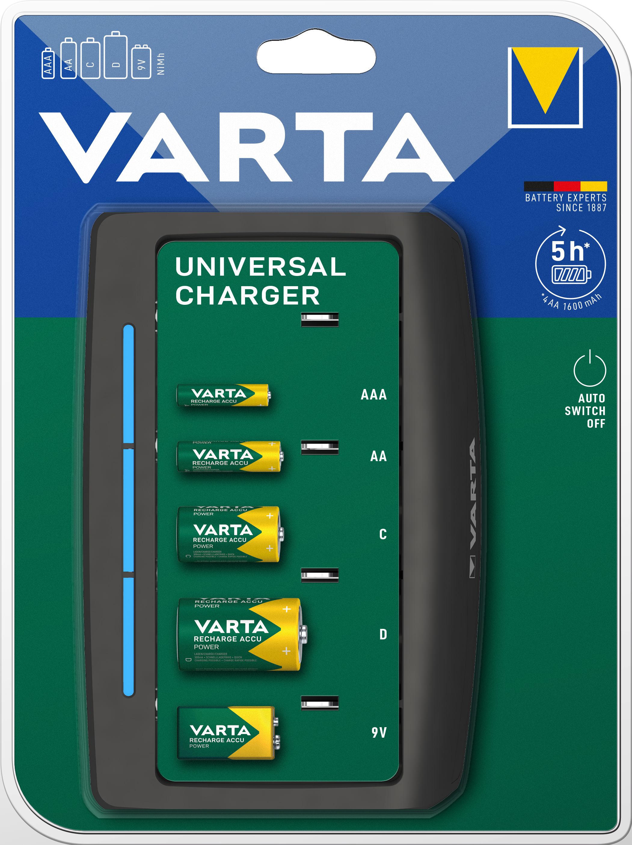 Varta 57648 - Universele Batterij Oplader voor AA, AAA, C, D en 9V Batterijen - Zwart