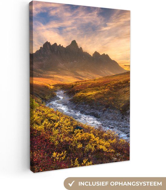 OneMillionCanvasses Canvas schilderij - Bergen - Zonsondergang - Rivier - Landschap - 80x120 cm