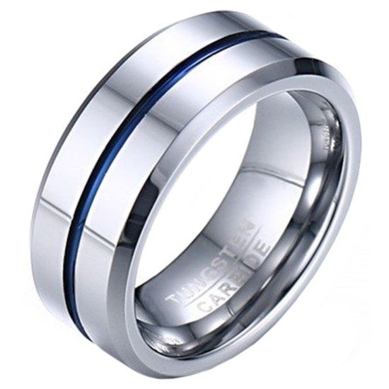Mendes Jewelry Wolfraam heren ring zilverkleurig met blauwe streep-21mm