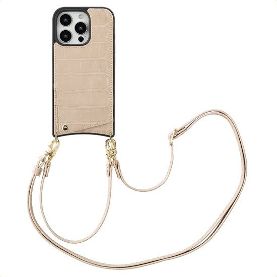 Selencia Hoesje - Geschikt voor Apple iPhone 16 Pro - Croco Backcover met koord en pashouder - Beige