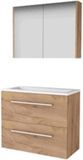 Basic Line Comfort 39 Badkamermeubelset - Ondiep - 80 x 39 cm - Met Grepen - 2 Lades - Acryl Wastafel - Zonder Kraangat - Spiegelkast - Whisky Oak
