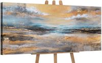 YS-Art Canvas schilderij panoramisch 115x50 handgeschilderd gouden branding zee maritiem