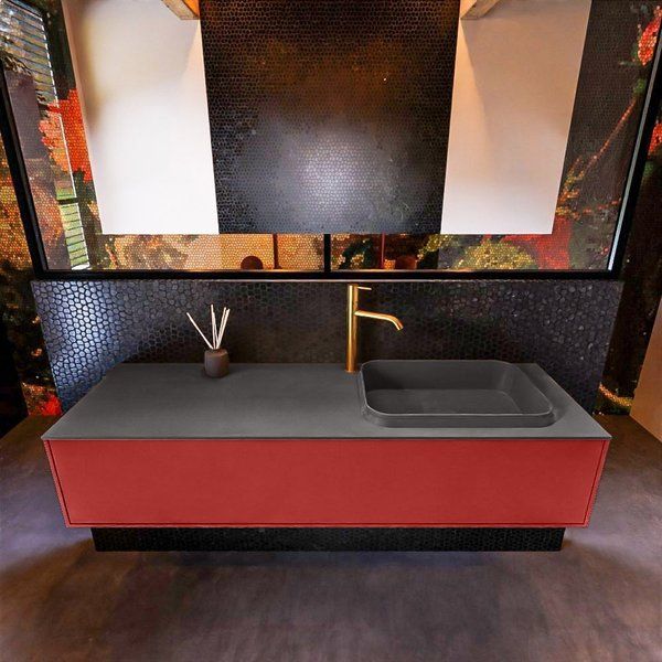 Mondiaz ERIN 150cm badmeubelset onderkast kleur Fire met 1 lade Wastafel RIDGE rechts 1 kraangat kleur Dark grey ERIN11853
