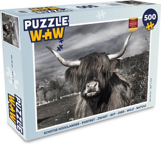 MuchoWow Puzzel Schotse hooglander - Portret - Zwart - Wit - Legpuzzel - Puzzel 500 stukjes