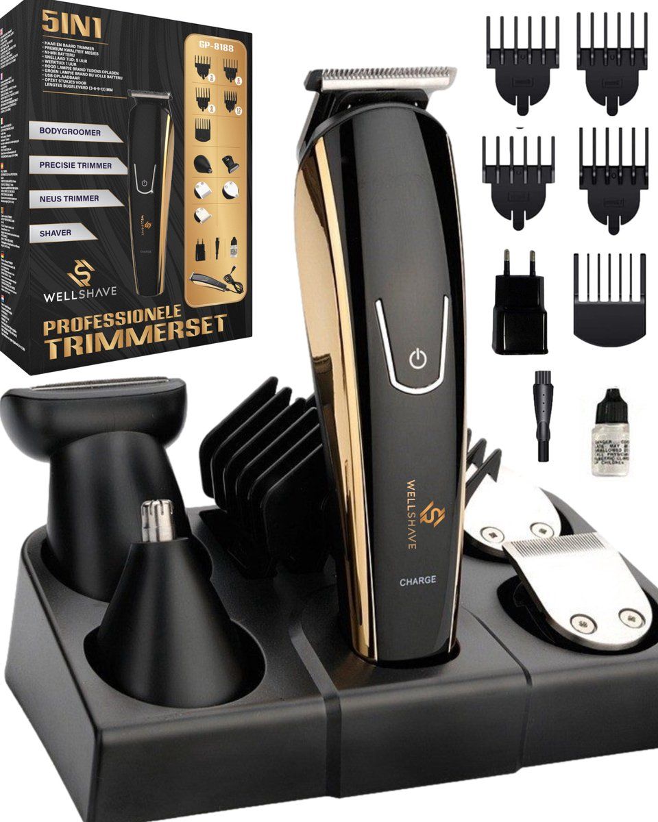 Wellshave 5-in-1 Baardtrimmer Pro voor Mannen - Baard & Lichaam - 12 Opzetstukken - Zwart/Goud