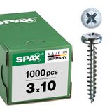 SPAX Universele schroef, 3 x 10 mm, 1000 stuks, Voldraad, Bolkop, Kruiskop Z1, S-punt, WIROX - 0231010300105