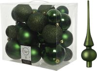 Kaemingk B.V. Kerstversiering boules de Noël en plastique vert foncé 6-8-10 cm paquet de 27x pièces - Avec étoile de sapin mate en verre de 26 cm