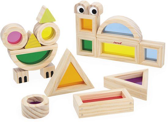 Janod Sensorisch - Doorschijnende Blokkenset - 12 Geometrische Blokken - 1+ jaar