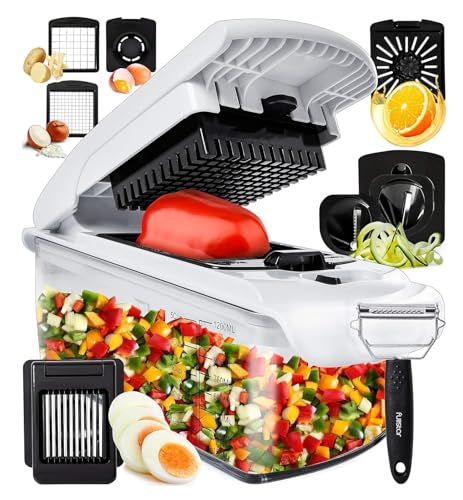 Fullstar Groentehakselaar & Groentesnijder voor Keuken - Handmatige Multihakker voor Ui Wortel Tomaat Aardappel - Snel en Gelijkmatig Blokjes Snijden - Keukengereedschap & Gadgets (PRO 9-en-1, Wit)