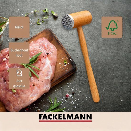 Fackelmann Nature Vleeshamer van beukenhout met roestvrijstalen functie, 31 x 9,5 x 4,5 cm, natuur/lichtbruin en zilver