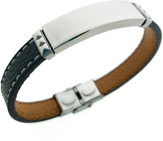 Aramat Jewels Leren plaatarmband zilverkleurig - zwart - heren - 20 cm