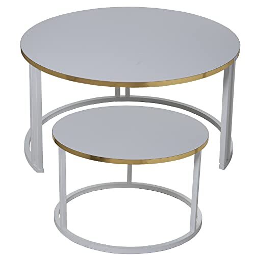 DRW Set van 2 ronde salontafels van hout en metaal, in wit en goud, 80 x 43 cm en 60 x 38 cm