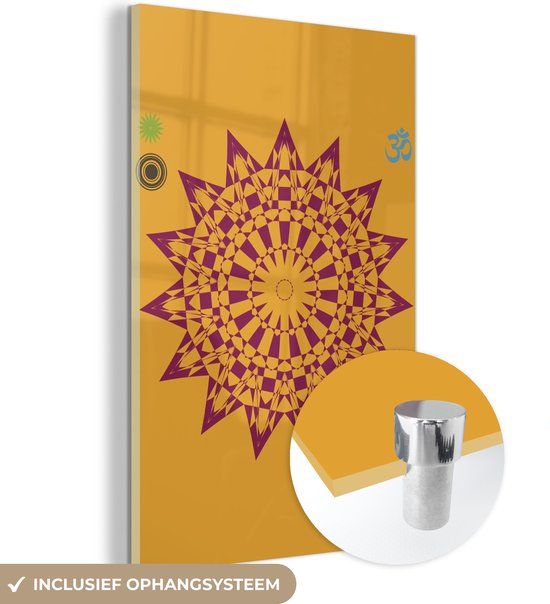 MuchoWow® Glass Painting 80x120 cm - Acrylic Glass Painting - Illustration of a purple mandala on a yellow background - Photo on glass - Paintings