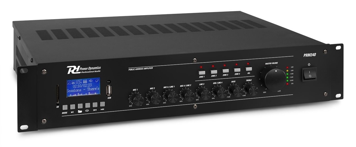 Power Dynamics PRM240 100V Versterker | 240W | Bluetooth | MP3 Speler