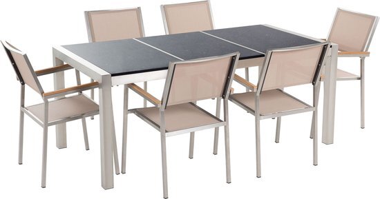 Beliani Tuinset gepolijst graniet/RVS zwart driedelig tafelblad 180 x 90 cm met 6 stoelen beige GROSSETO