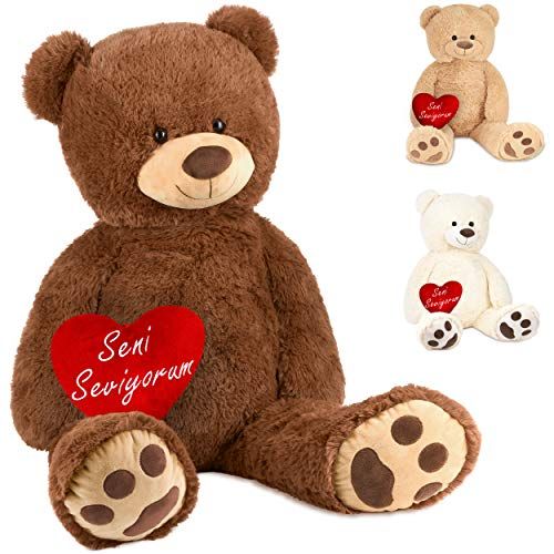 BRUBAKER XXL Teddybeer 100 cm Bruin met een Seni Seviyorum Hart Knuffeldier Pluche Knuffel