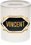 Bellatio Decorations Shoppartners Bv Spaarpot met voornaam Vincent - wit - met goud/zwart embleem - 8 x 9 cm - keramiek - met afsluitdop - cadeau verjaardag