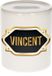 Bellatio Decorations Shoppartners Bv Spaarpot met voornaam Vincent - wit - met goud/zwart embleem - 8 x 9 cm - keramiek - met afsluitdop - cadeau verjaardag