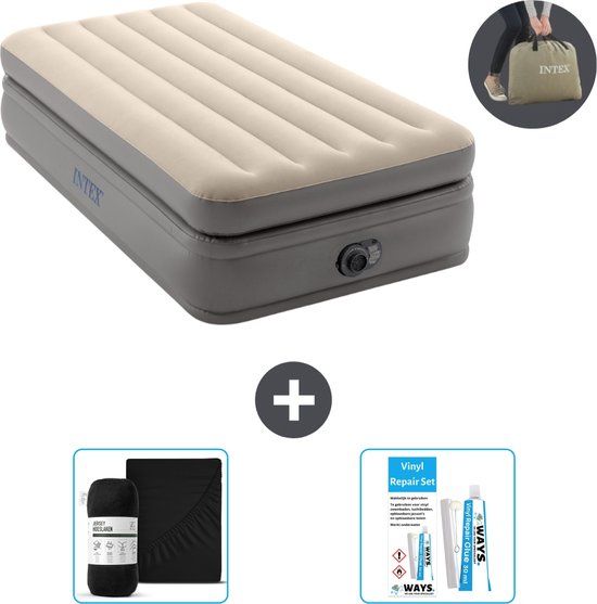 Intex Luchtbedset 1-Persoons 99 x 191 x 51 cm Grijs | Met Ingebouwde pomp + Hoeslaken Zwart + Reparatieset
