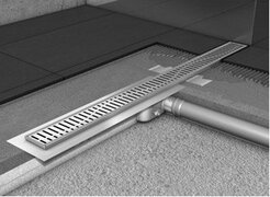 ACO ShowerDrain C douchegoot rvs m.vloerflens z.rooster, 70mm breed, stankslot 25mm 885mm inb.diepte 65mm m.zijuitloop 90108824