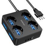 POWSAF Meervoudige stekkerdoos 4 vierkante stopcontacten, stekkerdoos met 4 USB en schakelaar, compact meervoudig stopcontact voor thuis/kantoor, zwart