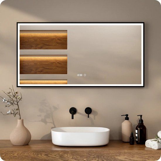 Mirlux Badkamerspiegel met LED Verlichting & Verwarming – Wandspiegel Rechthoekige – Anti Condens Douchespiegel - 120 x 60 cm - Zwart Frame