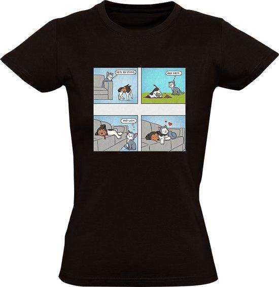 Grappig Dames T-shirt - hond - kat - liefde - dom - vies - lui - Zwart - 4XL