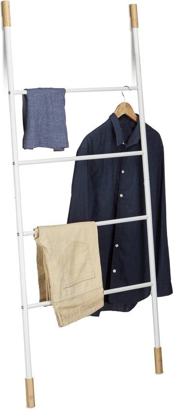 Handdoekladder - 4 stangen - bamboe - metaal - wit/lichtbruin - 69x150 cm - Modern