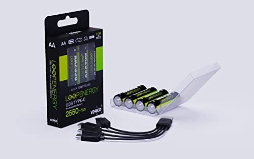Verico LoopEnergy AA 2550 oplaadbare USB-C batterij AA 1,5 V 2550 mWh (1700 mAh) Li-Ion, snel opladen via USB-C aansluiting in ca. 2 uur, 4x AA, kleur: groen