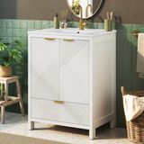 Armoire de salle de bain 61 cm, lavabo en céramique, motif ondulé, fermeture douce, étagères réglables dans les portes, tiroirs