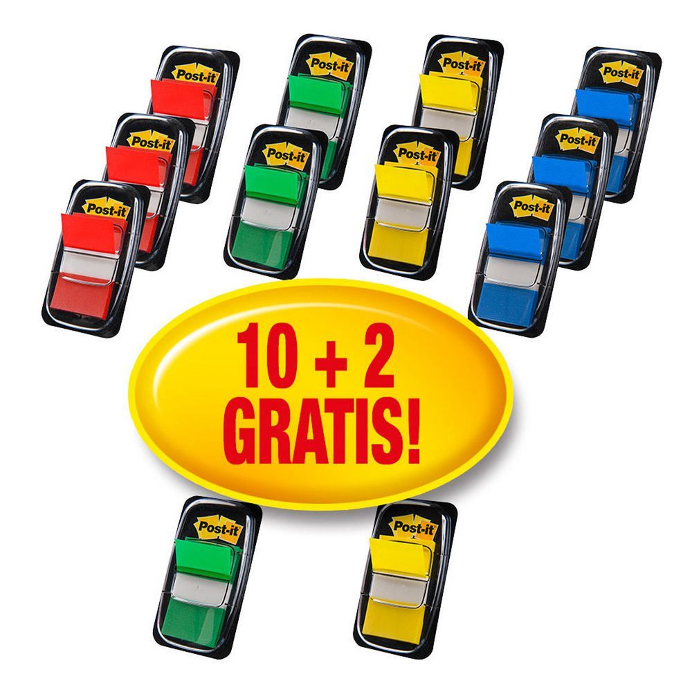 Post-it Indexmarkers medium 25 4 x 43 2 mm in diverse kleuren 10 x 50 verpakking gratis 2 x 50 verpakking met dispensers
