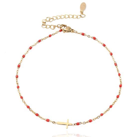 LGT JWLS Lookinggoodtoday Enkelband Goud & Emaille - Cross Red