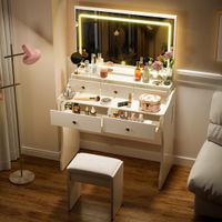 COMHOMA Kaptafel met LED Verlichting, Spiegel en Kruk - Wit
