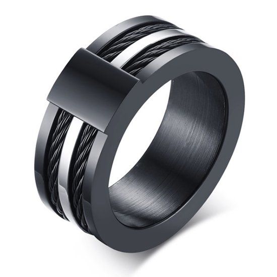 Mendes Jewelry Zwarte Titanium ring met stalen kabels-21mm