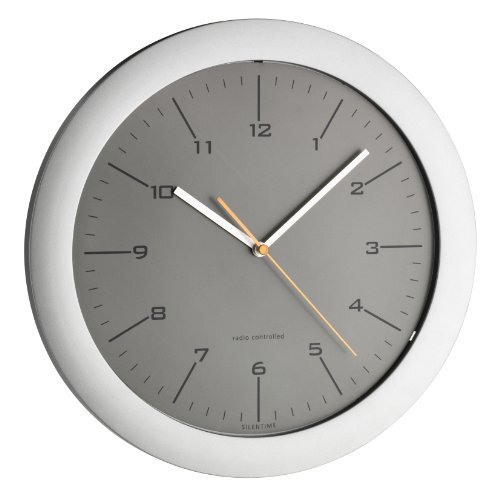 TFA Design draadloze wandklok, 60.3512.10, stil uurwerk, met oranje secondewijzer, ideaal als keukenklok/kantoorklok, zilver/grijs