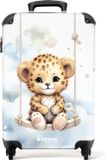 NoBoringSuitcases.com® Kinderkoffer Cheeta welpje op een schommel in de wolken