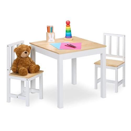 Relaxdays Kindertafel met 2 Stoelen, 3-delige Set, Wit-Naturel