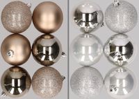 Merkloos / Sans marque Billiet - Vanlaere Kunststof kerstballen - 12x - champagne en zilver - 8 cm - mat glans glitter - onbreekbaar