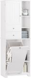 SoBuy Hoge Badkamerkast met Wasmand - Vrijstaande Badkamermeubel - Opbergkast met Planken - Kolomkast met 2 Deuren & Lades - Wit, 60x37x171 cm, BZR104-W