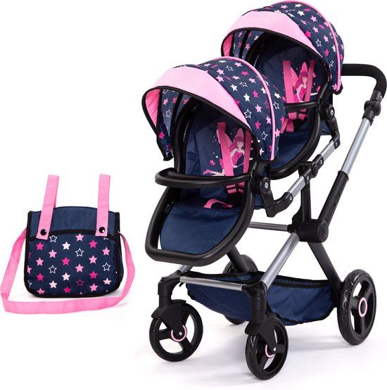 Bayer Design Twin Xeo Twin Doll Stroller, Adjustable Handle, Bag, Blue, Pink, Stars
