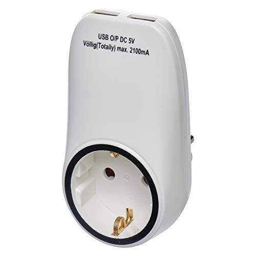 Emos P0072 Stopcontact, Schuko stekkeradapter met 2 USB-poorten 2100 mA, kinderbeveiliging, voor reizen, smartphone, mobiele telefoon, tablet, 4000 W, 250 V