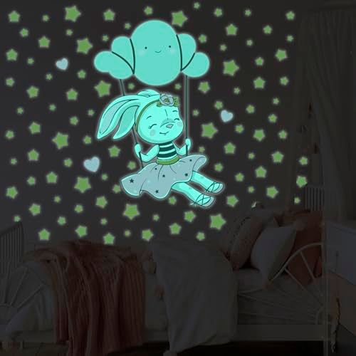 Ambiance Sticker Lichtgevende sticker - Konijn op een Zwaaiende Wolk - Fluorescerende Muur-/Plafondsticker voor Kinderen - 45x30cm