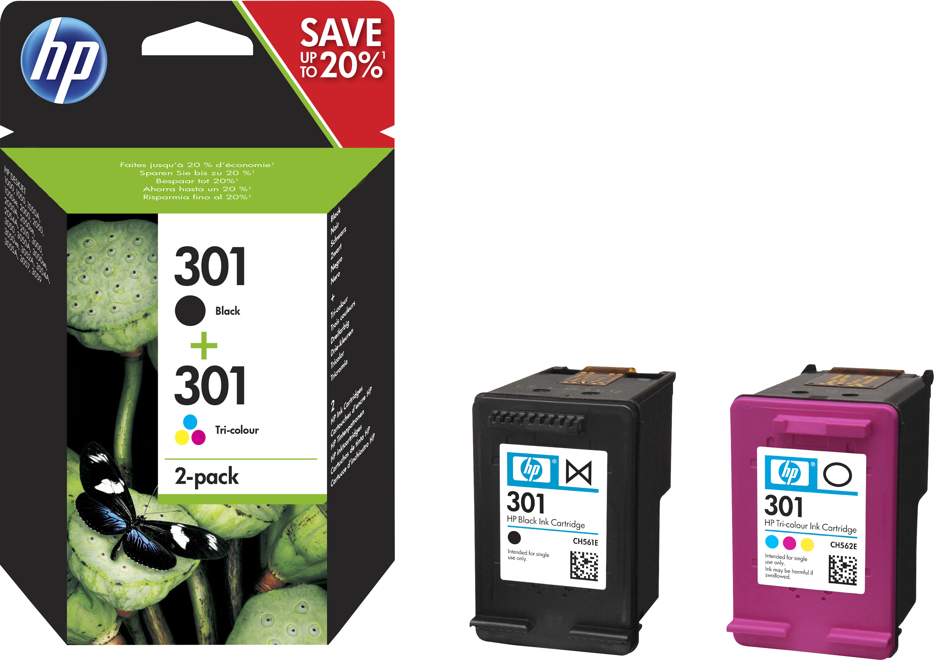 HP 301 originele zwarte/drie-kleuren inktcartridges, 2-pack