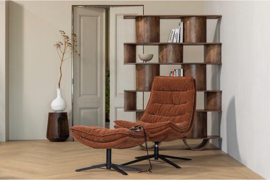 WOOOD Kube Draaifauteuil Met Hocker - Chenille stof - Bruin