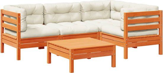 vidaXL 5-delige Loungeset met kussens massief grenenhout wasbruin