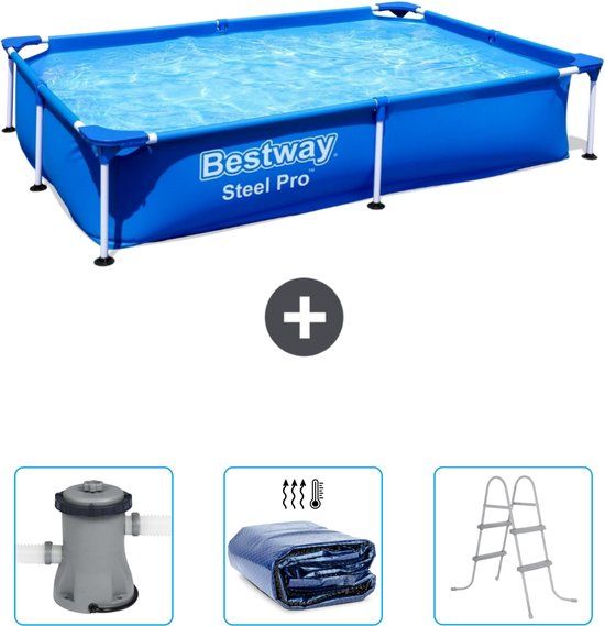Bestway Steel Pro Rechthoekig Zwembad - 221 x 150 x 43 cm - Blauw - Inclusief Pomp, Solarzeil & Ladder
