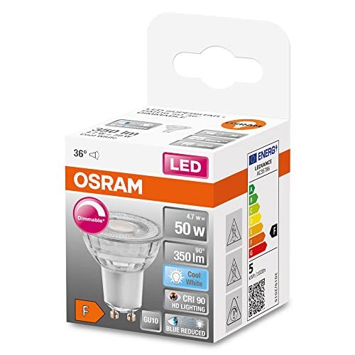 OSRAM Lamps OSRAM Superstar dimbare LED lamp met bijzonder hoge kleurweergave (CRI90), GU10-basis helder glas ,Koud wit (4000K), 350 Lumen, substituut voor 50W-verlichtingsmiddel dimbaar, 1-Pak