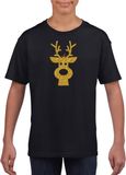 Bellatio Decorations Rendier hoofd Kerst t-shirt - zwart met gouden glitter bedrukking - kinderen - Kerstkleding / Kerst outfit 140/152