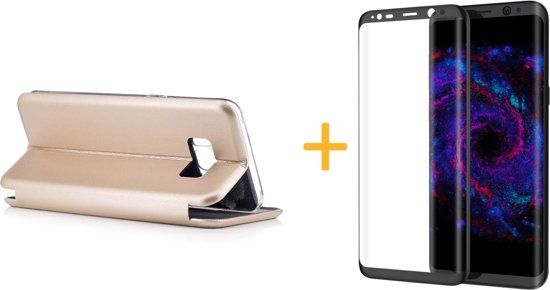 iCall - Samsung Galaxy S8 - Lederen Wallet Case Goud + Screenprotector Zwart 3D